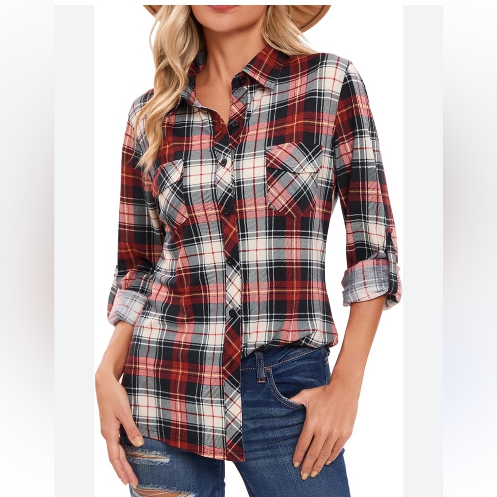 RustRed-Black-White Classic Boyfriend Plaid buttonup Tunic-Shirt-SzXs-oversized